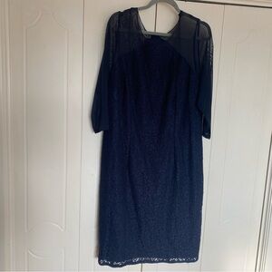 ADRIANNA PAPELL 18W Navy Lace with Sheer Mesh Sleeve Women’s Cocktail Dress